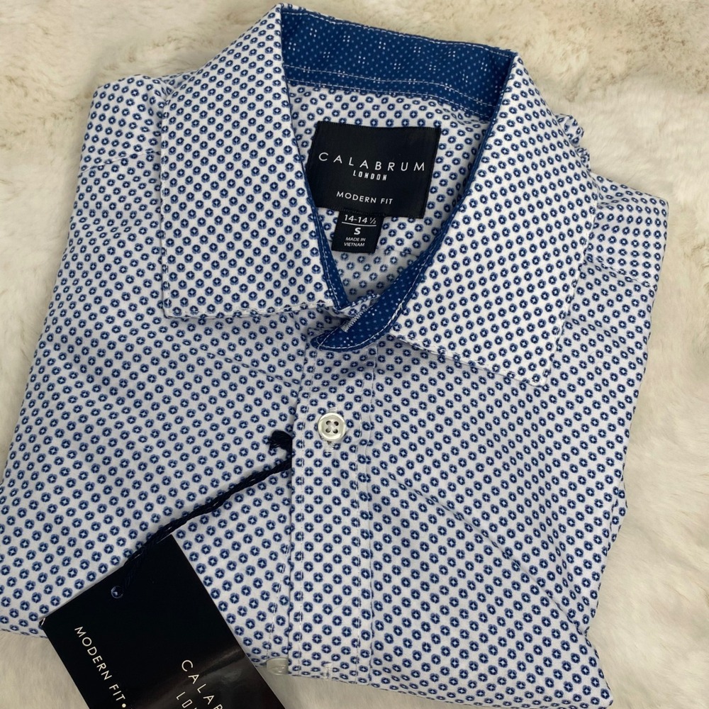Calabrum London Mens Modern Fit Dress Shirt Blue White Geometric Medallion S NEW